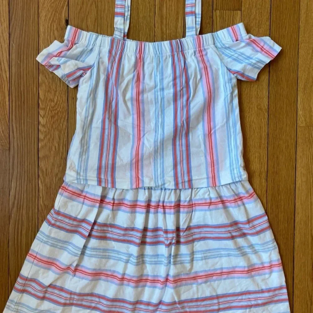 Joules Pink White Blue Striped Off The Shoulder Summer Beach Sundress 9-10